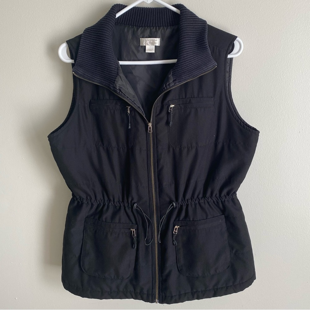 Christopher & Banks Black Quilted Vest with Ribbed Collar